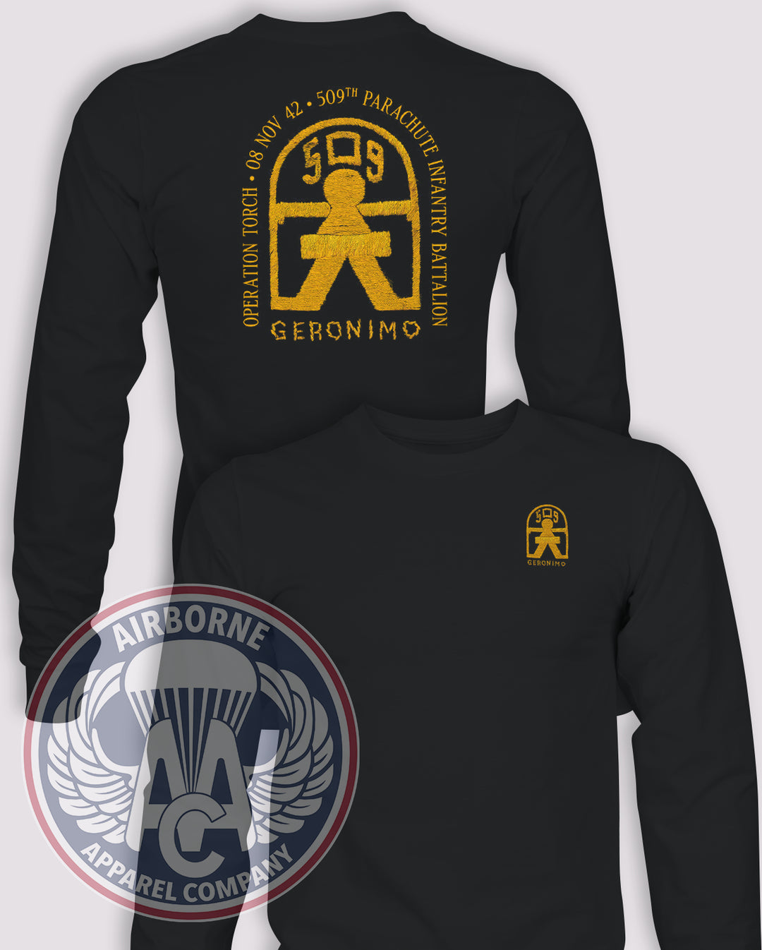 509th Parachute Infantry Battalion Operation Torch Legacy Long-Sleeve T-Shirt, Black, front and back views