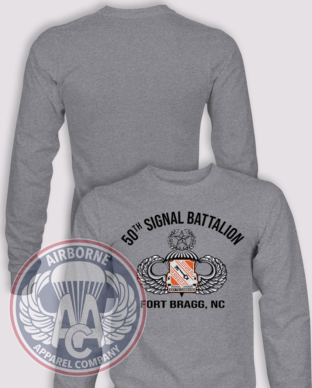 50th Signal Battalion PT Long Sleeve T-shirt – Heather Grey – 50SIG-001B; front print, blank back and sleeves