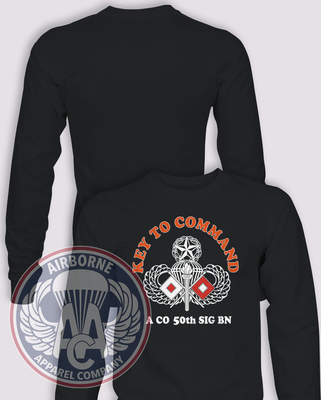 50th Signal Battalion Long Sleeve T-shirt – Black – 50SIG-A001; front print, blank back and sleeves