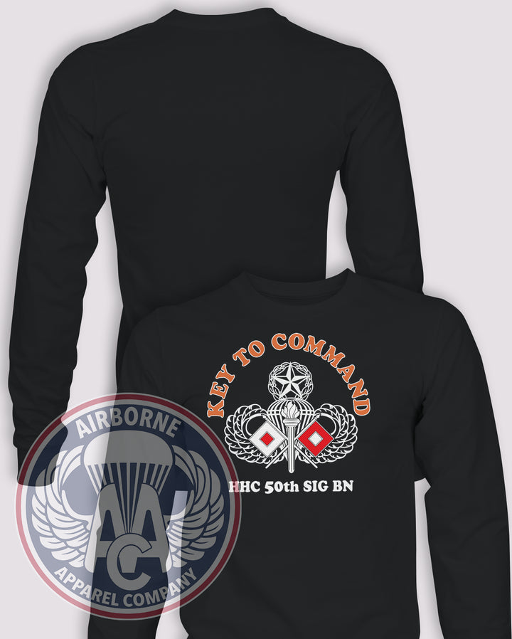 50th Signal Battalion Long Sleeve T-shirt – Black – 50SIG-HHC-001; front print, blank back and sleeves