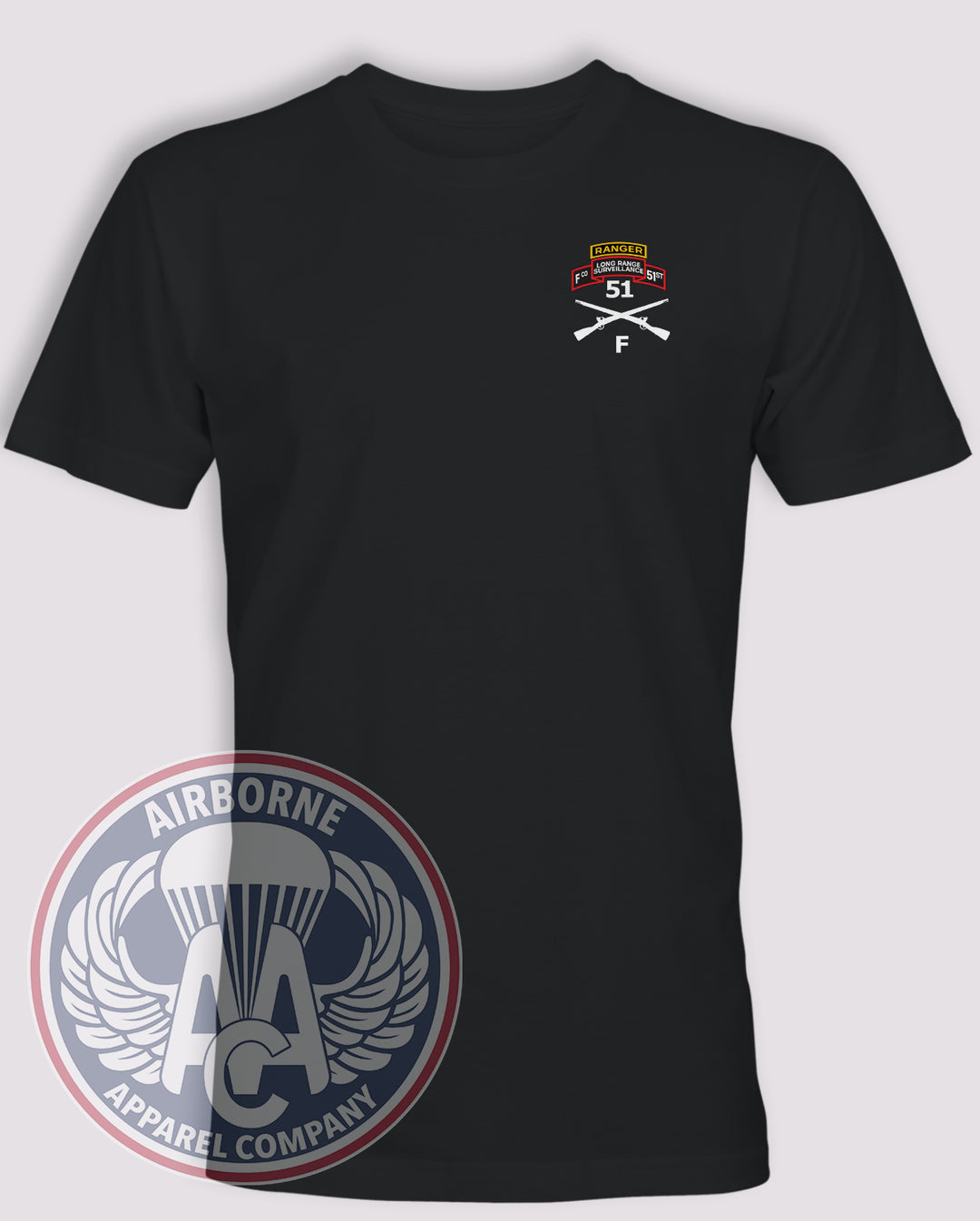 F Company 51st Infantry LRS T-Shirt, black, front with left-chest design