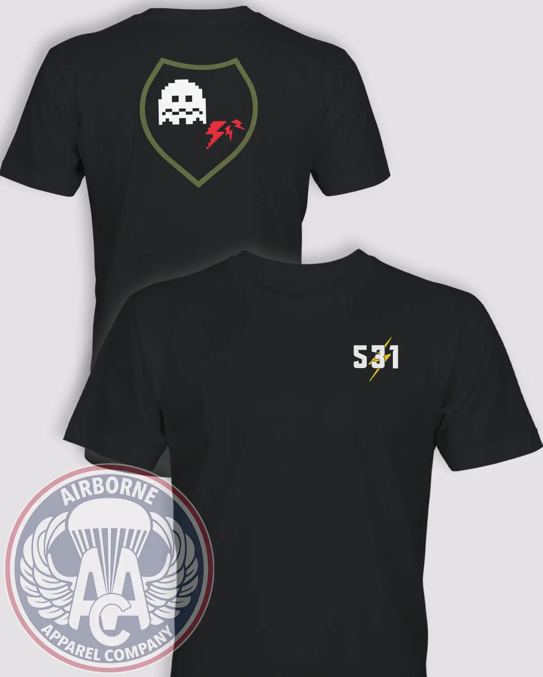 531st Psychological Operations Detachment ghost black T-shirt, front and back views