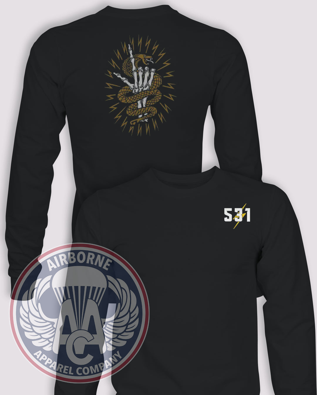 Detachment 531 Cco 5th POB Snake and Dagger Long-Sleeve T-Shirt, Black, front and back views