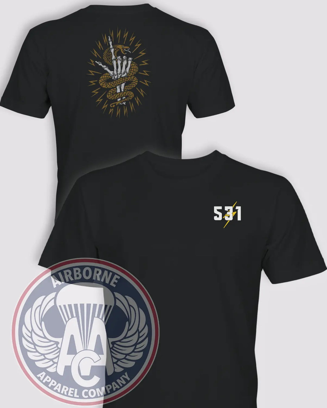 531st Psychological Operations Detachment snake and dagger black T-shirt, front and back views
