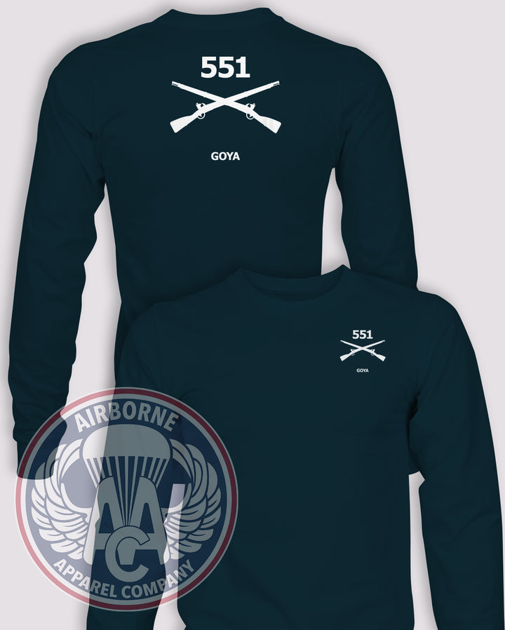 551st Infantry Regiment Guidon Long-Sleeve T-Shirt, Navy Blue, 551, front and back views