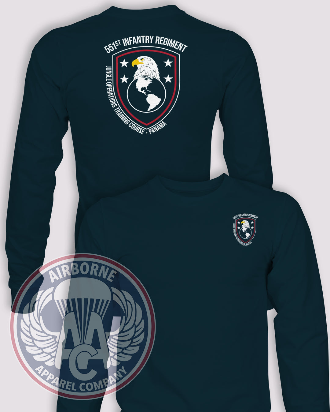 551st Infantry Regiment Jungle Operations Training Course–Panama (JOTC-P) Long-Sleeve T-Shirt, Navy, front and back views