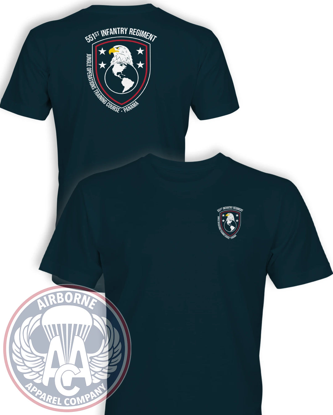 551st Infantry Regiment Jungle Operations Training Course–Panama (JOTC-P) T-Shirt in Navy Blue, front and back graphics with Western Hemisphere Command patch