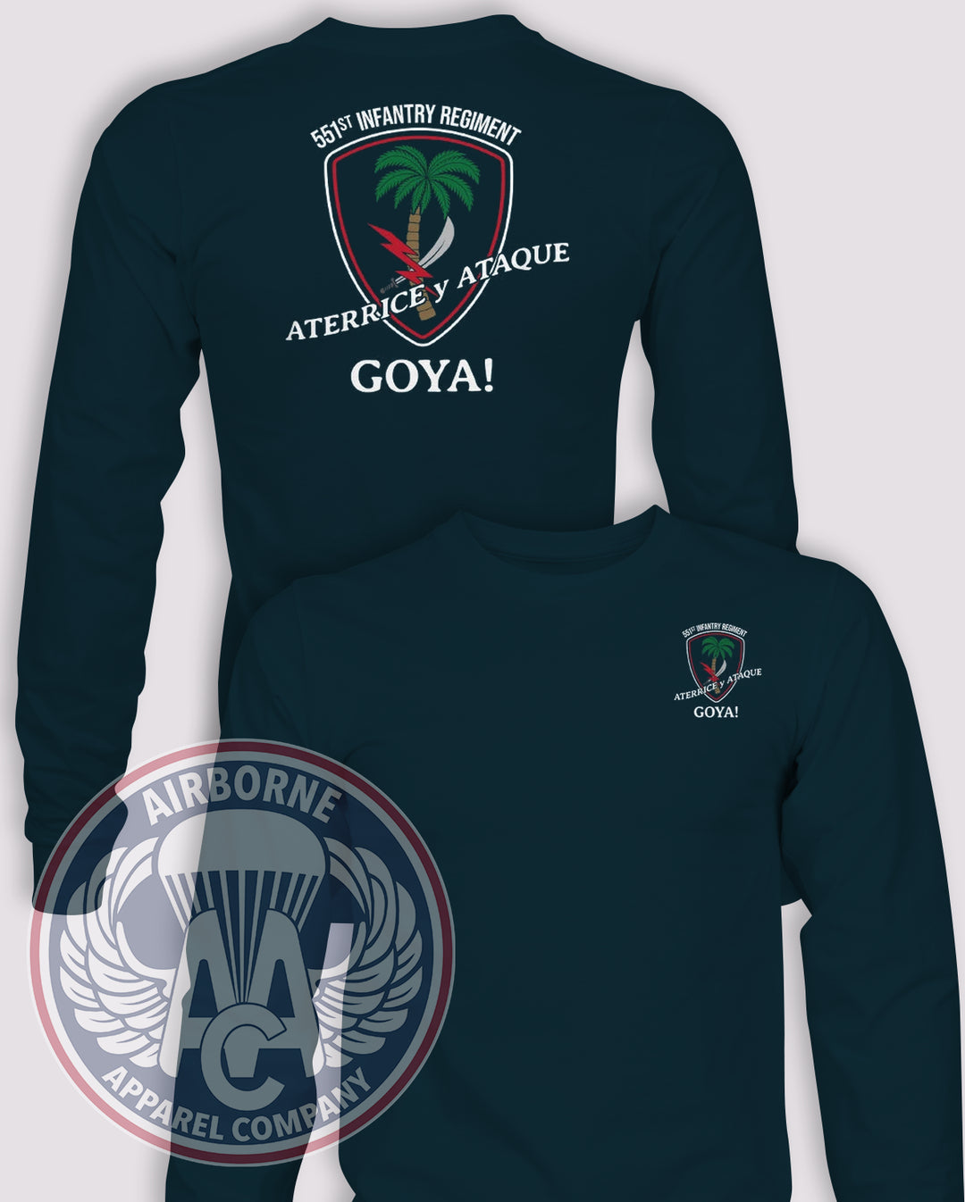 551st Infantry Regiment GOYA Long-Sleeve T-Shirt, Navy, front and back views