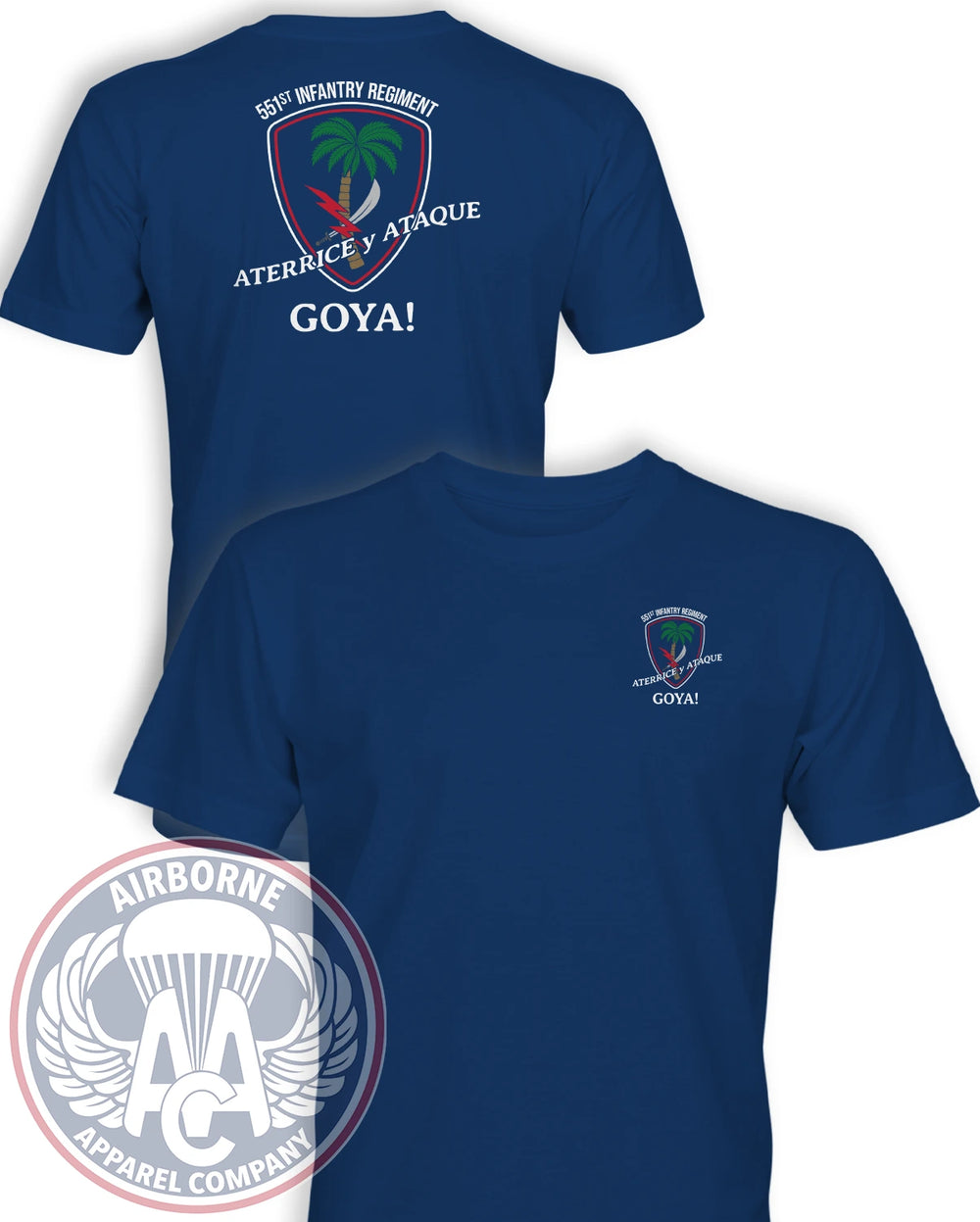 551st Infantry Regiment GOYA T-shirt in Cool Blue, AAC original pocket-patch-inspired chest and back design