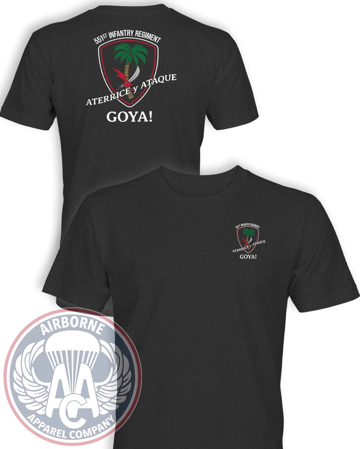 551st Infantry Regiment GOYA T-shirt in Heathered Charcoal, AAC original pocket-patch-inspired chest and back design