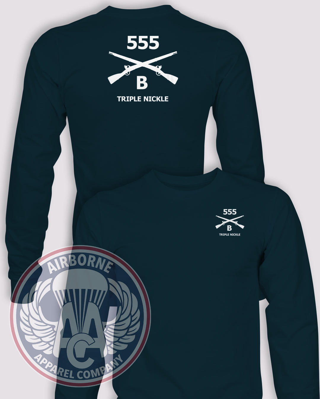 555th Parachute Infantry Battalion Guidon Long-Sleeve T-Shirt, Navy Blue, BRAVO, front and back views