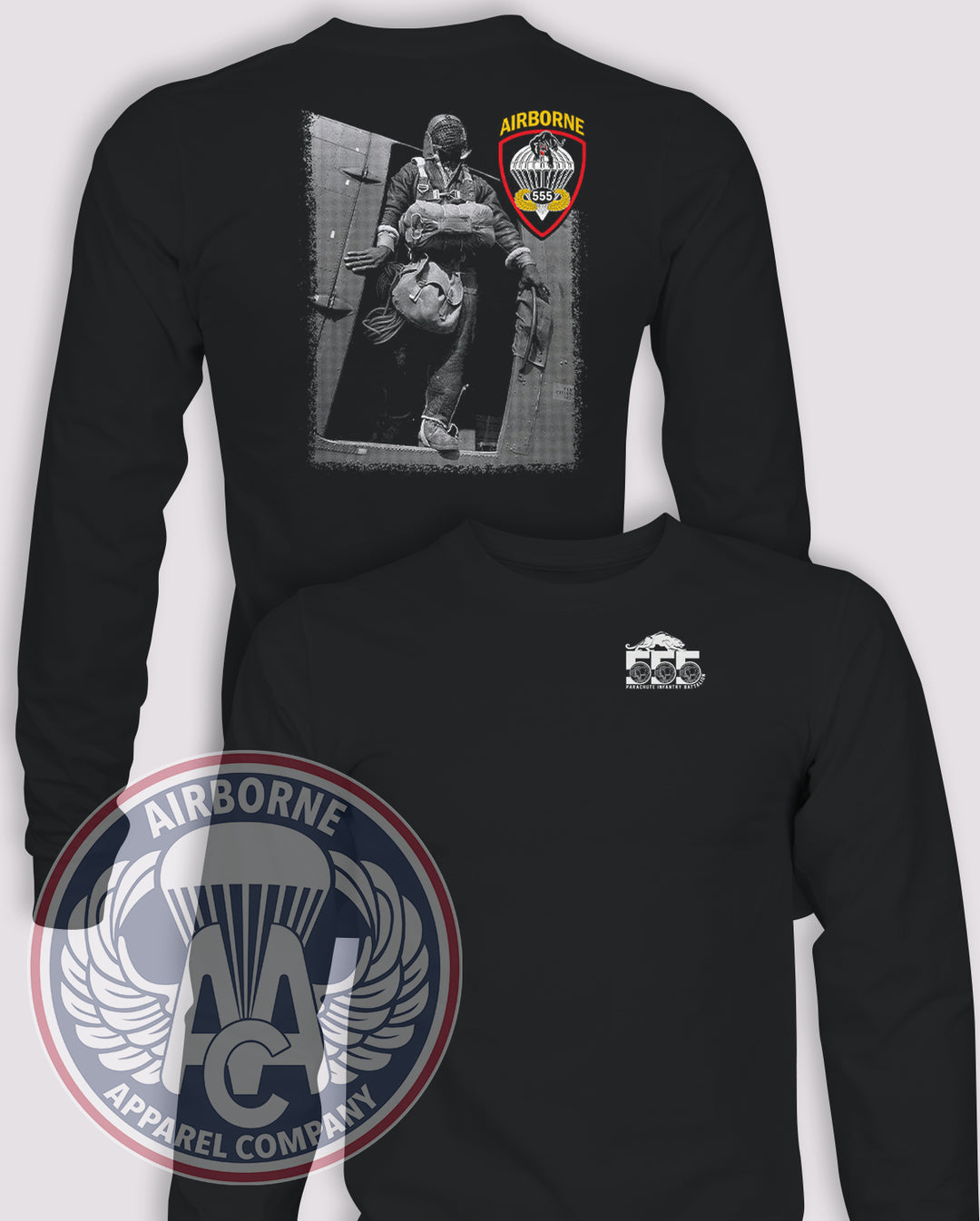555th PIB Smoke Jumper Long-Sleeve T-Shirt, Black, front and back views