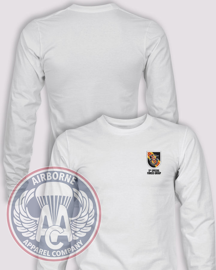 5th Special Forces Group Flash 2016+ Long Sleeve T-shirt – White – 5SFG-001A; front print, blank back and sleeves