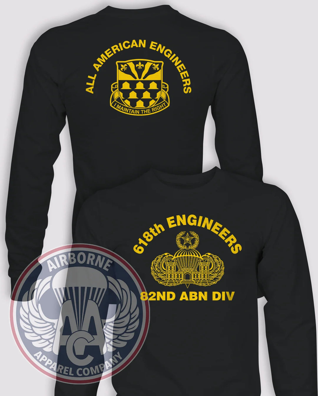 618th Engineer Company Wings and Castle Reproduction Long-Sleeve T-Shirt, Black, front and back views