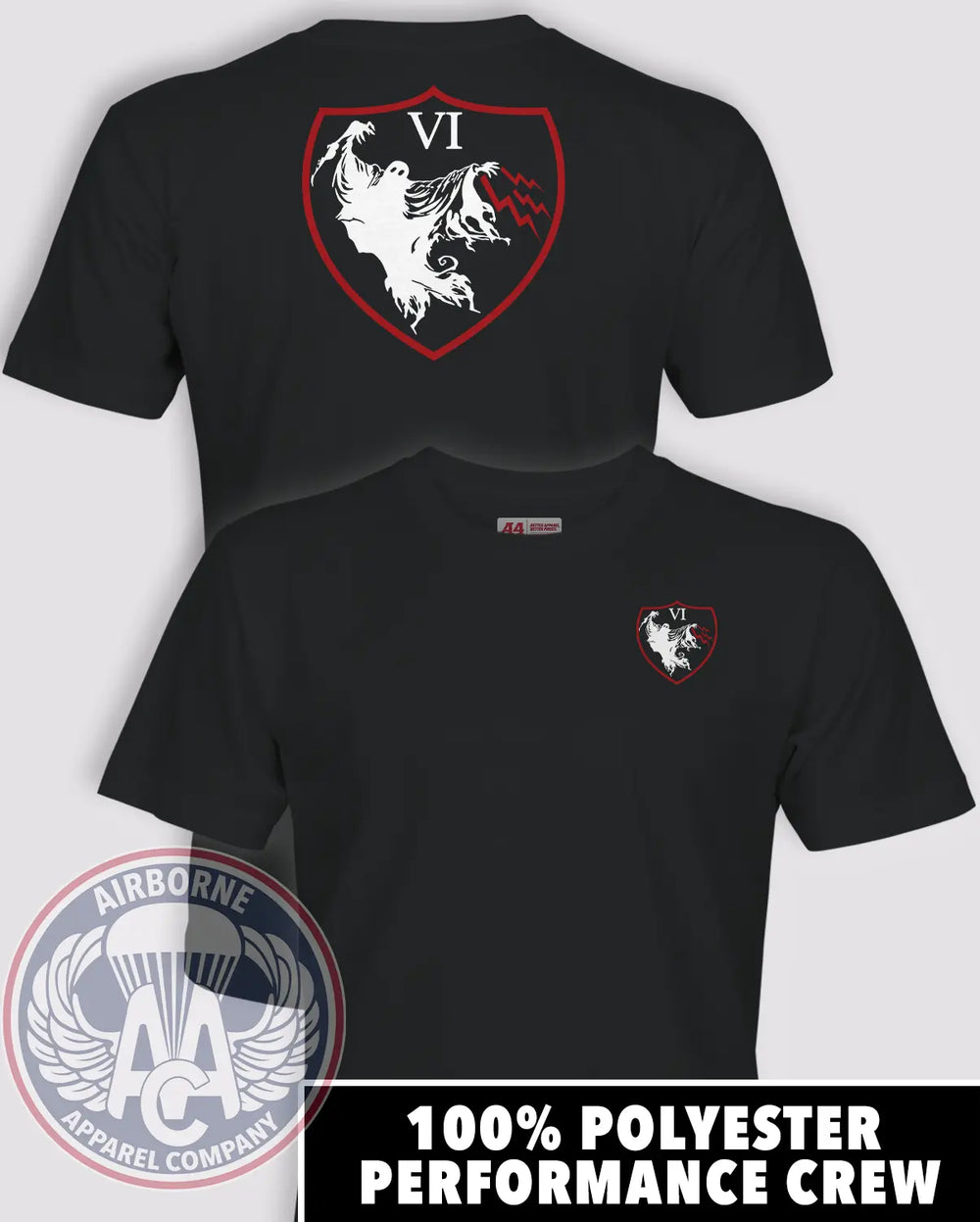 6th Psychological Operations Battalion black performance T-shirt, front and back views