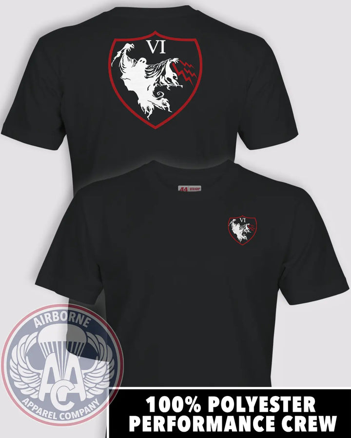 6th Psychological Operations Battalion black performance T-shirt, front and back views