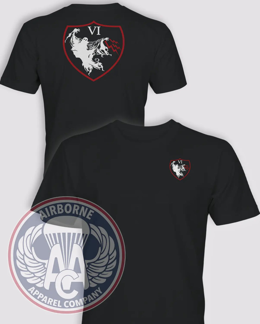 6th Psychological Operations Battalion black lightweight cotton T-shirt, front and back views