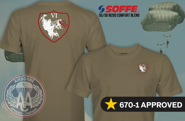 6th Psychological Operations Battalion 670-1 Coyote Brown T-shirt, front and back views