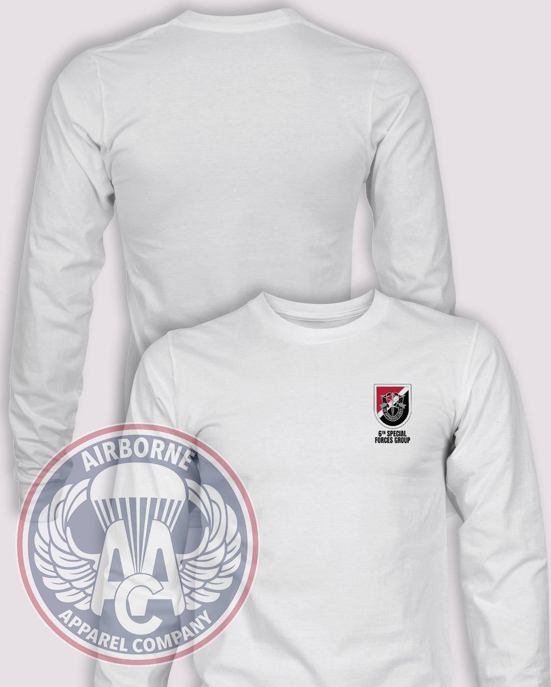 6th Special Forces Group Flash Long Sleeve T-shirt – White – 6SFG-001A; front print, blank back and sleeves