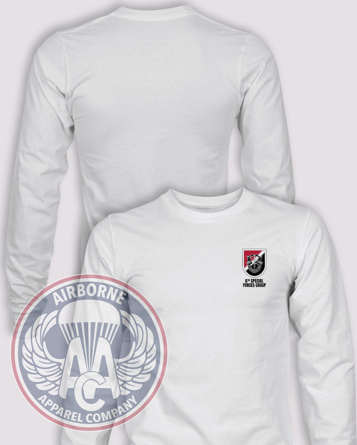 6th Special Forces Group Flash Long Sleeve T-shirt – White – 6SFG-001A; front print, blank back and sleeves