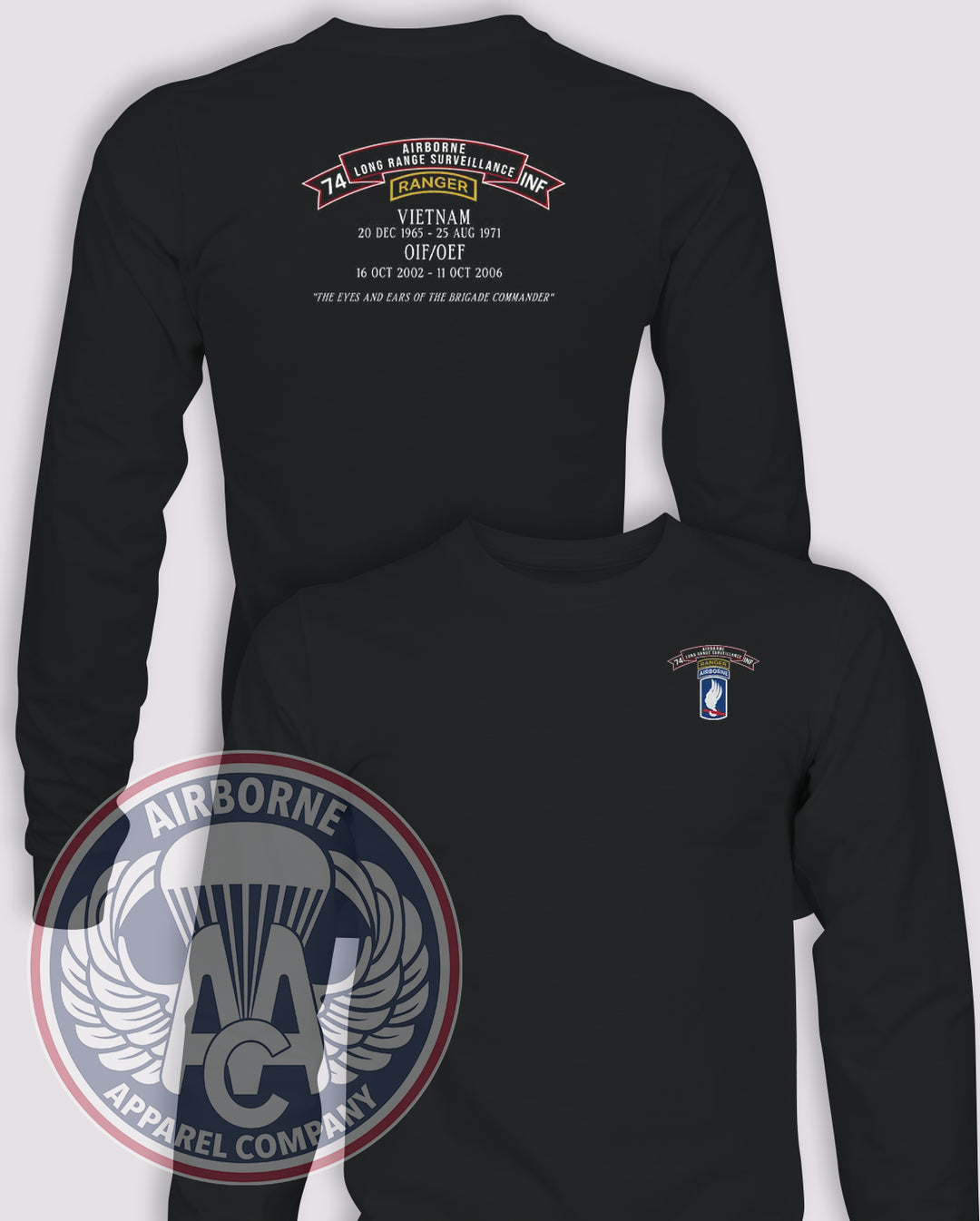 74th LRS (ABN) Long-Sleeve T-Shirt, Black, front and back views