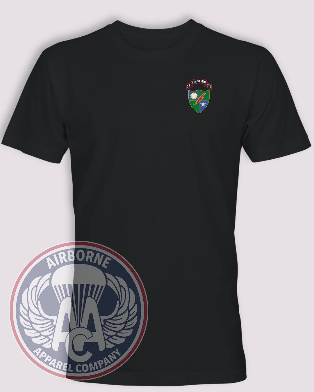 75th Ranger Regiment Special Troops Battalion, scroll and crest, Black cotton T-shirt