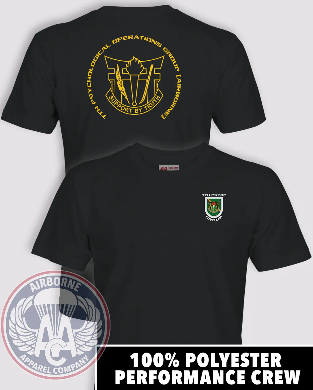 7th Psychological Operations Group (Airborne) black performance T-shirt, front and back views
