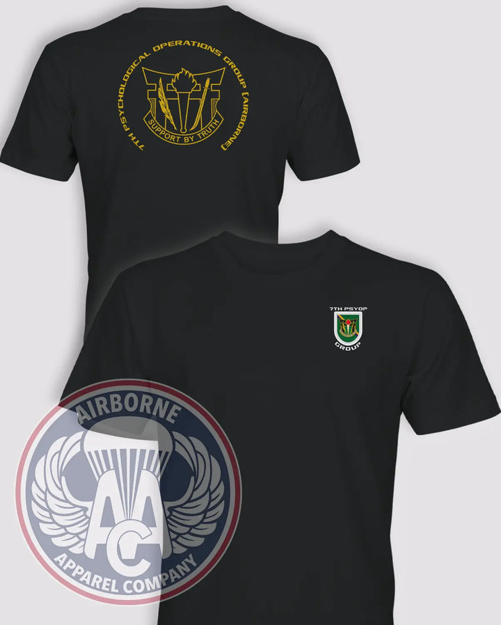 7th Psychological Operations Group (Airborne) black lightweight cotton T-shirt, front and back views
