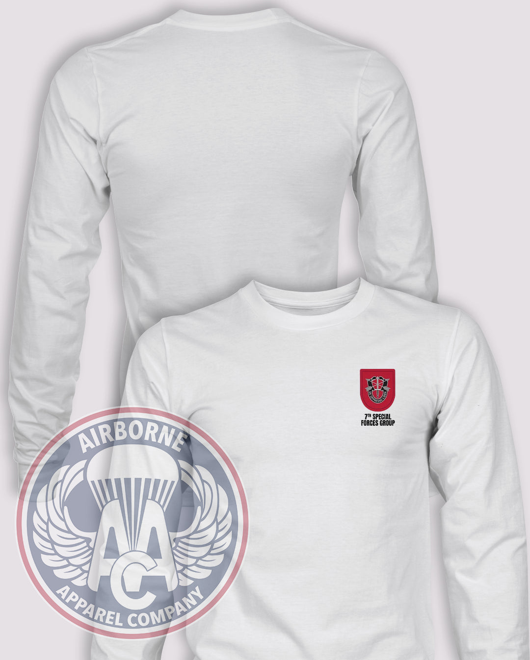 7th Special Forces Group Flash Long Sleeve T-shirt – White – 7SFG-001; front print, blank back and sleeves