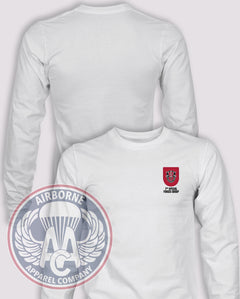 7th Special Forces Group Flash Long Sleeve T-shirt – White – 7SFG-001; front print, blank back and sleeves