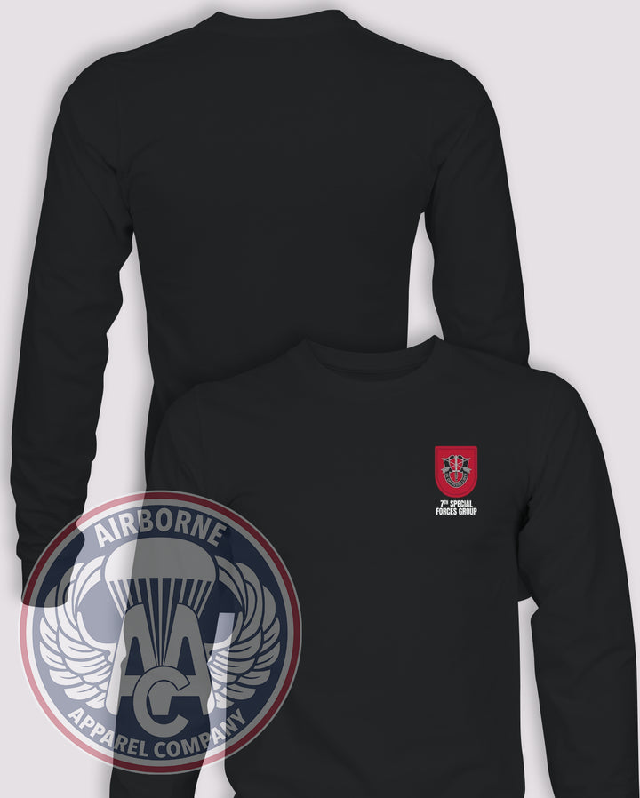 7th Special Forces Group Flash Long Sleeve T-shirt – Black – 7SFG-001B; front print, blank back and sleeves