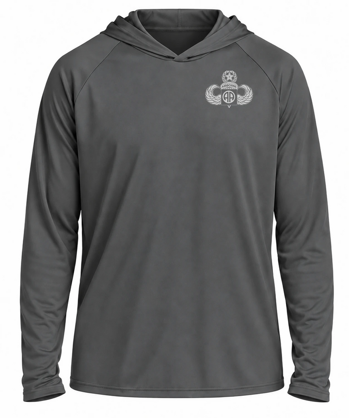 82nd Airborne UPF Hoodie in Charcoal, front view with left chest insignia