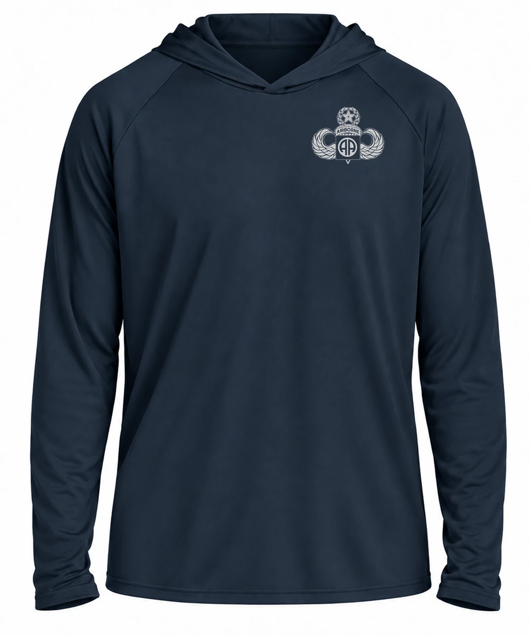 82nd Airborne UPF Hoodie in Navy Blue, front view with left chest insignia