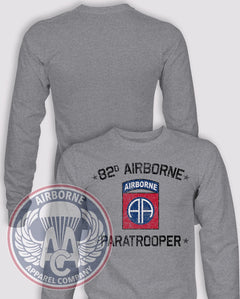 82nd Airborne Paratrooper Long-Sleeve T-Shirt, Heather Grey, front graphic and blank back; unprinted sleeves