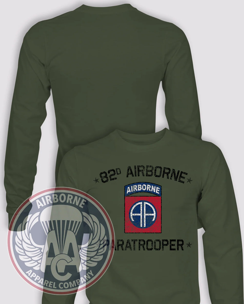 82nd Airborne Paratrooper Long-Sleeve T-Shirt, OD Green, front graphic and blank back; unprinted sleeves