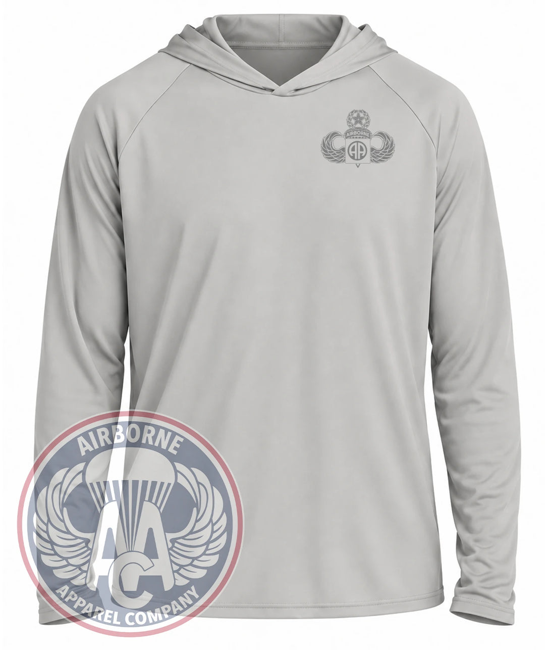82nd Airborne UPF Hoodie in Light Gray, front view with left chest insignia
