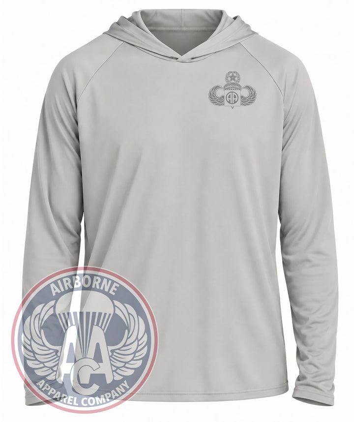 82nd Airborne UPF Hoodie in Light Gray, front view with left chest insignia