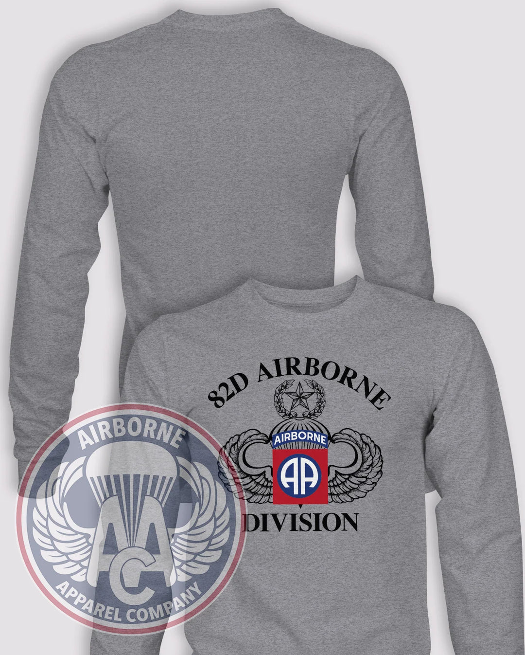 82nd Airborne 1990s Style PT Long-Sleeve T-Shirt, Heather Grey, front graphic and blank back; unprinted sleeves