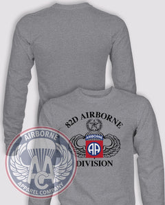 82nd Airborne 1990s Style PT Long-Sleeve T-Shirt, Heather Grey, front graphic and blank back; unprinted sleeves