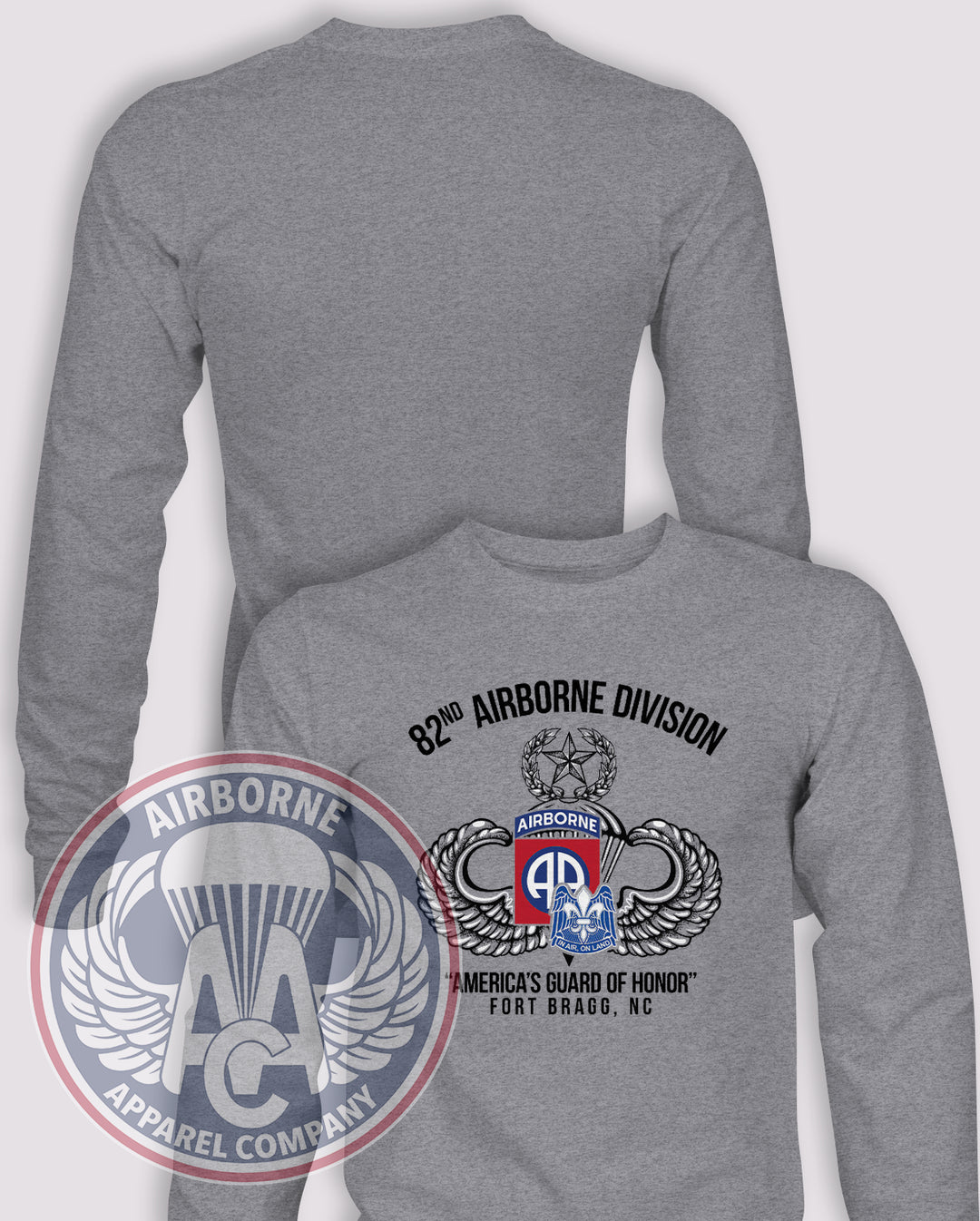 82nd Airborne Patch &amp; Crest Reproduction Long Sleeve T-shirt in Heather Grey, front design with blank back and sleeves.