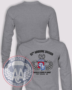 82nd Airborne Patch & Crest Reproduction Long Sleeve T-shirt in Heather Grey, front design with blank back and sleeves.
