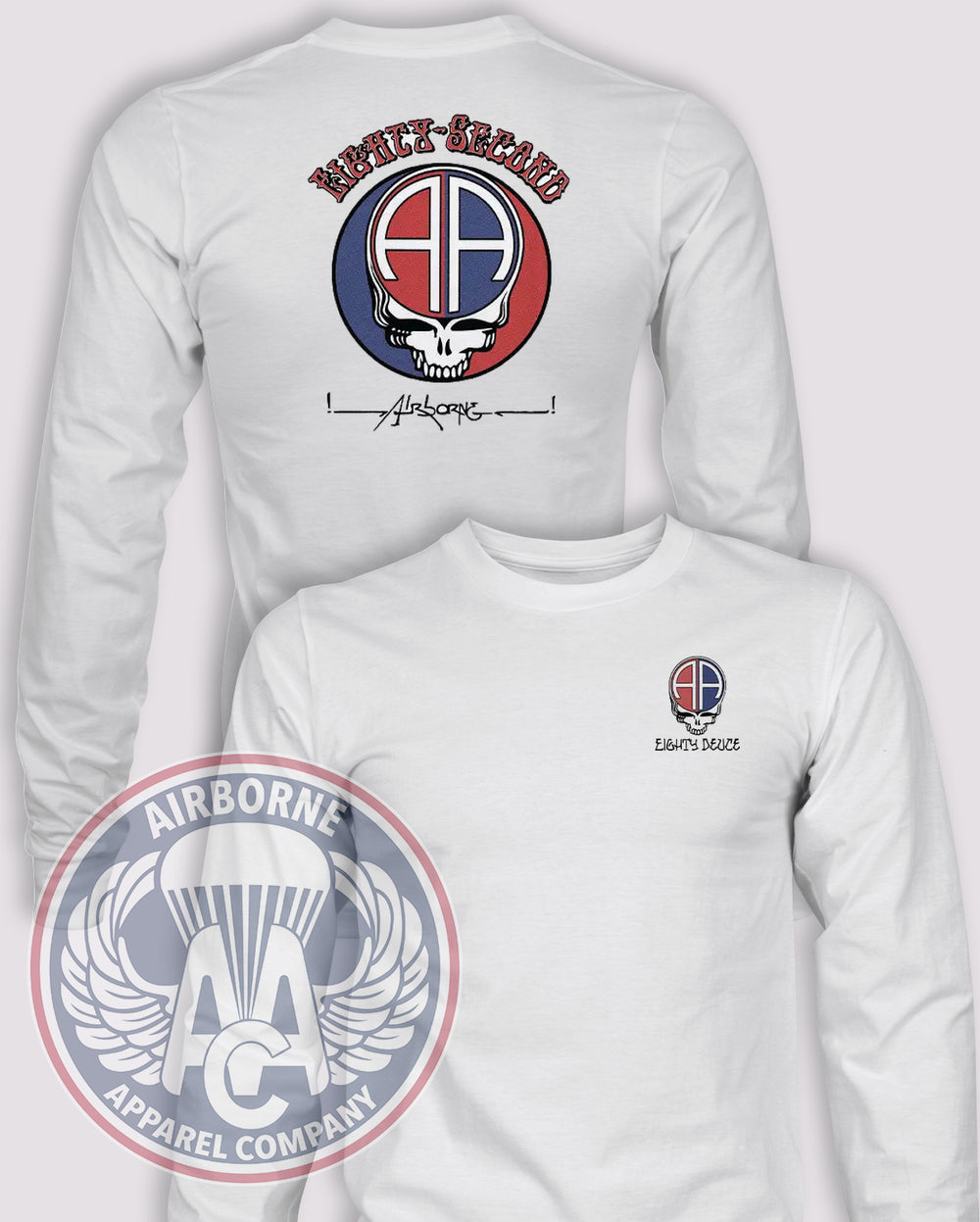 Dead All the Way, 82nd Airborne Division Long-Sleeve T-Shirt, White, front and back views