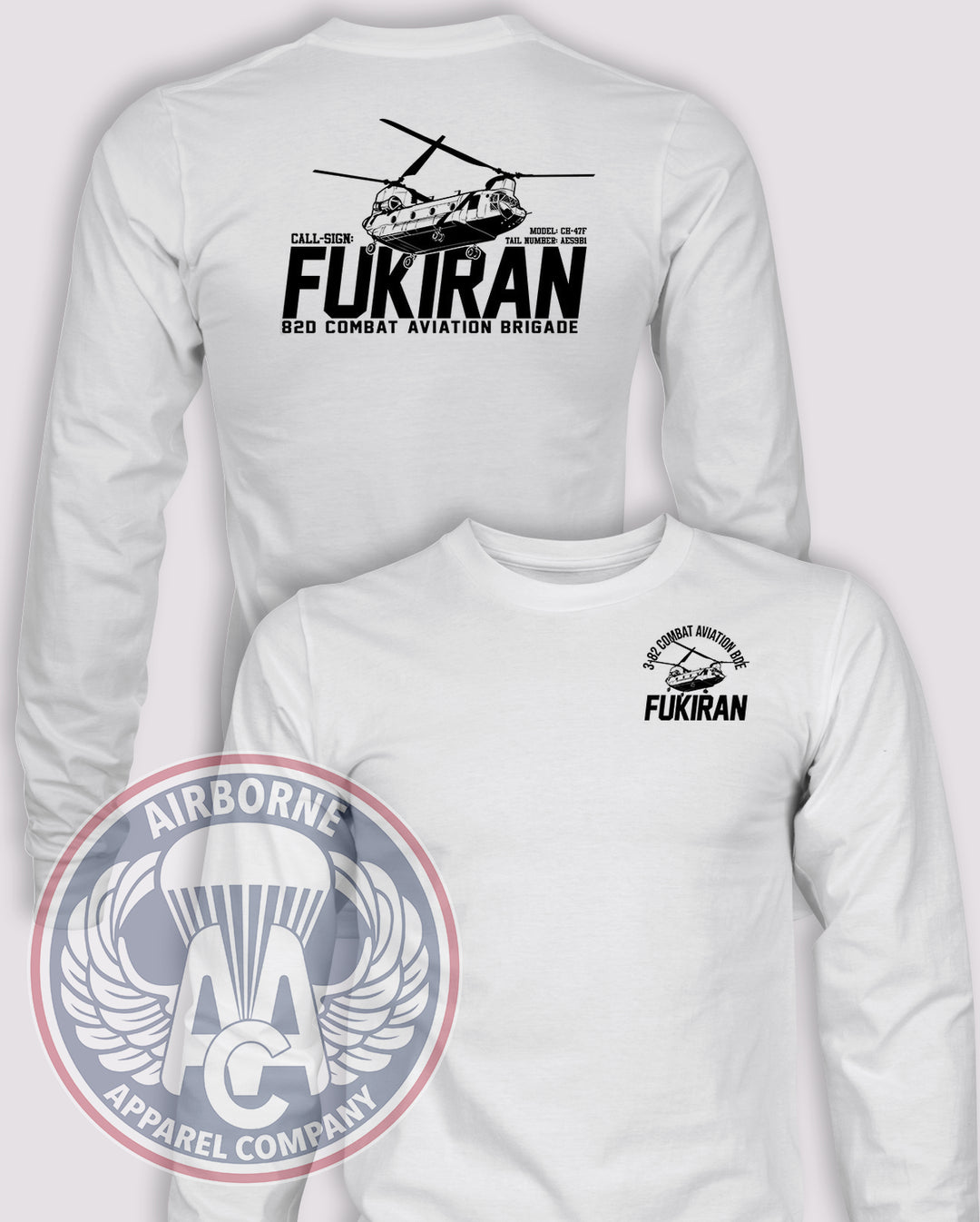 FUKIRAN CH-47 Long-Sleeve T-Shirt, White, front and back views