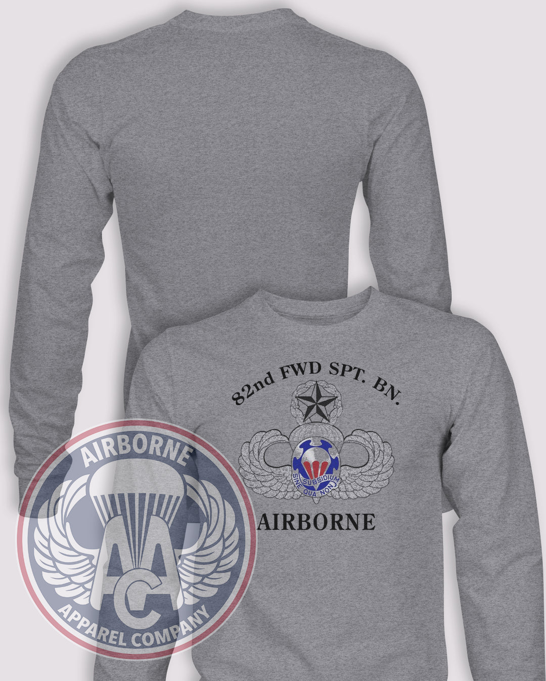 82nd Forward Support Battalion 1990s Reproduction Long-Sleeve T-Shirt, Heather Grey, front graphic and blank back; unprinted sleeves
