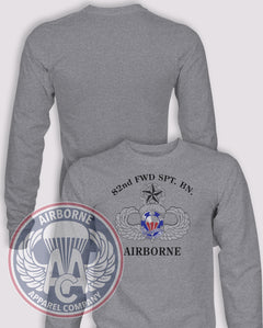 82nd Forward Support Battalion 1990s Reproduction Long-Sleeve T-Shirt, Heather Grey, front graphic and blank back; unprinted sleeves