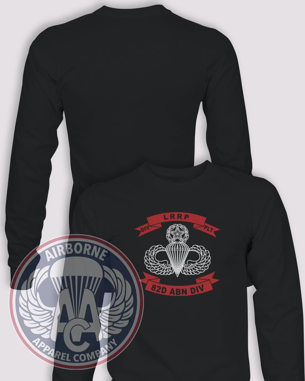 82nd Airborne Long Range Reconnaissance Patrol (LRRP) Long Sleeve T-shirt – Black – 82LRRP-001; front print, blank back and sleeves