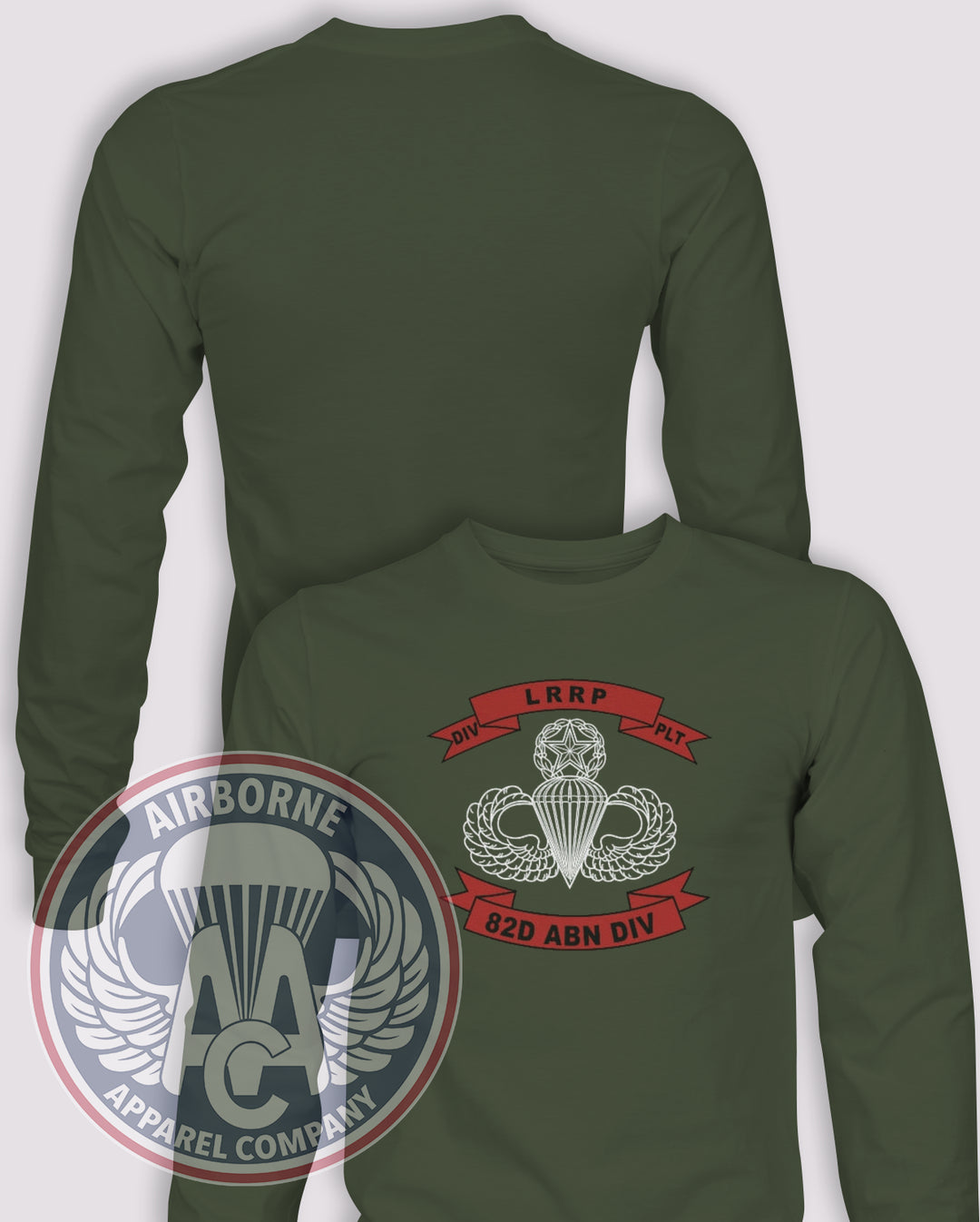 82nd Airborne Long Range Reconnaissance Patrol (LRRP) Long Sleeve T-shirt – OD Green – 82LRRP-001; front print, blank back and sleeves