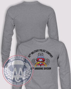 82nd Military Police Company Reproduction Long Sleeve T-shirt – Heather Grey – 82MPCO-001; front print, blank back and sleeves