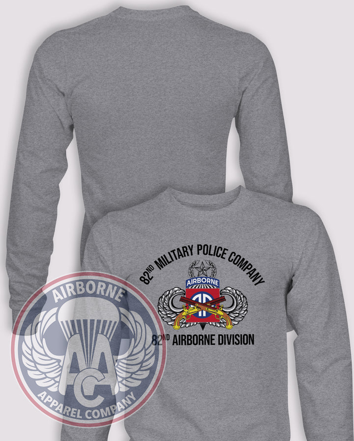 82nd Military Police Company Reproduction Long Sleeve T-shirt – Heather Grey – 82MPCO-001; front print, blank back and sleeves