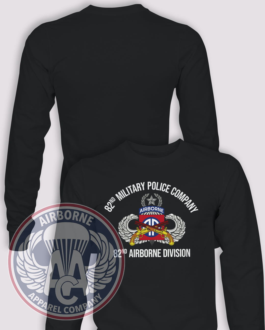 82nd Military Police Company Reproduction Long Sleeve T-shirt – Black – 82MPCO-001B; front print, blank back and sleeves